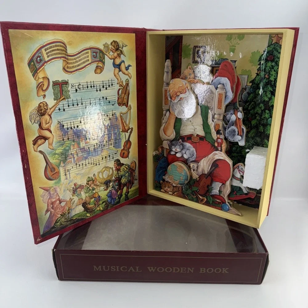 Vintage World Bazaar Wood Santa Christmas Wind Up Jingle Bells Music Book WORKS